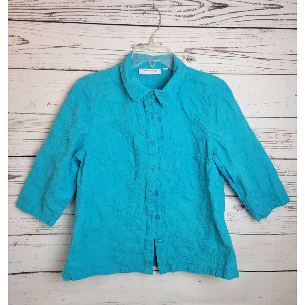 Vtg Breckenridge Button Down Shirt Blue Embroidered Floral Women's Size Small